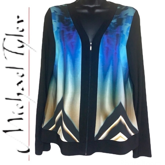 Vintage🧚‍♀️Michael Tyler Black/Blue Geometric Print Zipper Blouse Size M - Picture 1 of 10